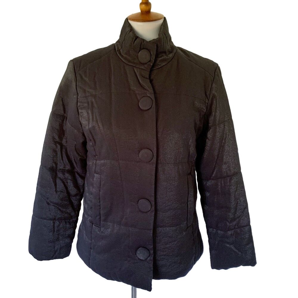 J JILL Black Rayon Blend Snap Button Puffer Jacket Womens XS Metallic Shiny